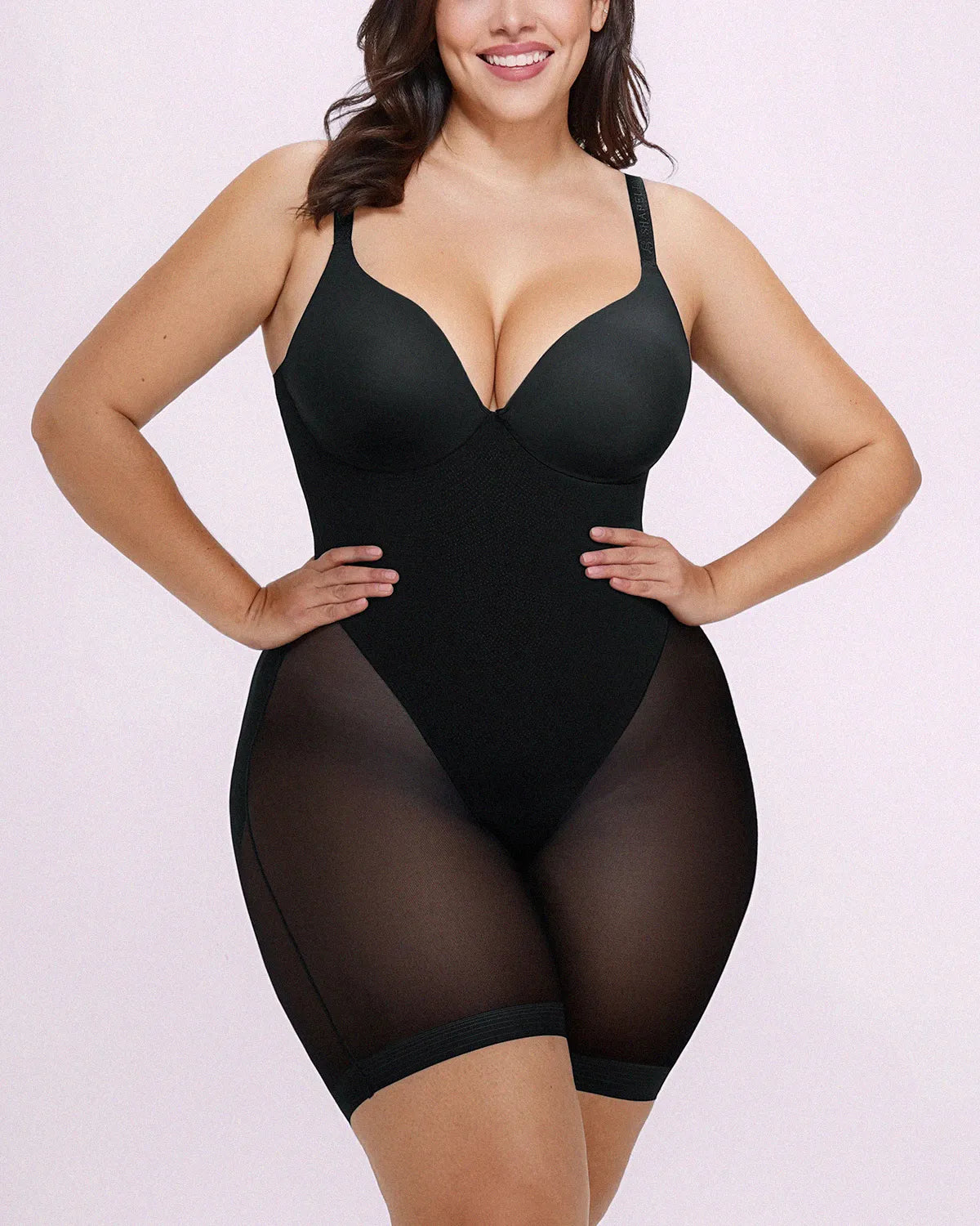 MeshSmooth Low Back Mid Thigh Bodysuit in black, front view showing full-body sculpted silhouette