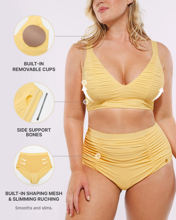 Smart Sculpt™ Ruched V-Neck Bikini Top & High-Waisted Bottom Set