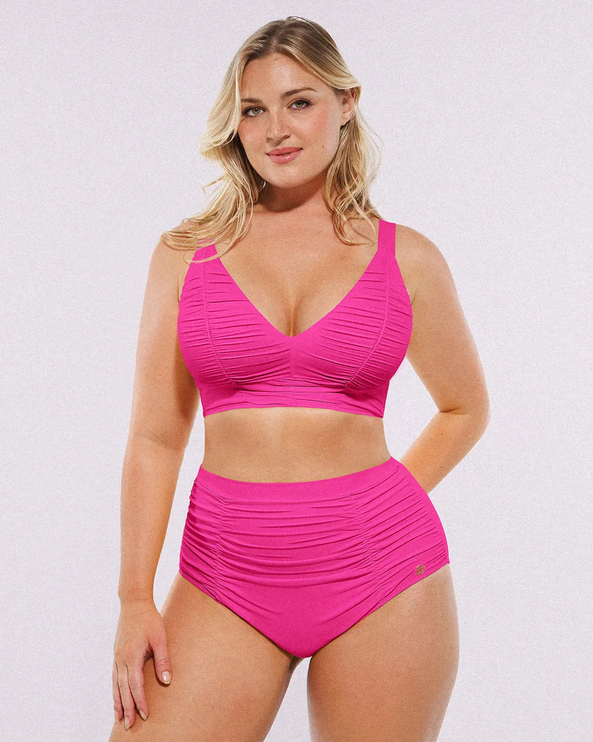 Smart Sculpt Ruched V-Neck Bikini Top and High-Waisted Bottom Set, front view